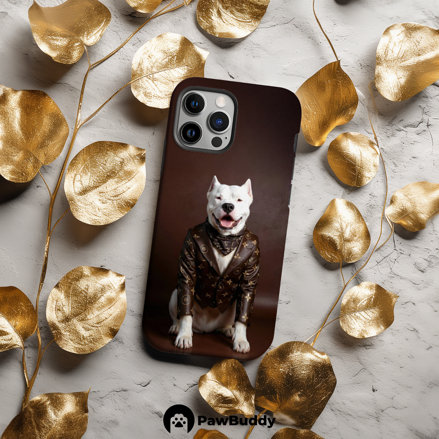 Custom Pet Phone Case for iPhone 11–17, Personalized Dark Brown Suit Studio Portrait Design, Dual-Layer Shockproof PC+TPU Protective Cover with Glossy Wraparound Printing, Unique Gift for Pet