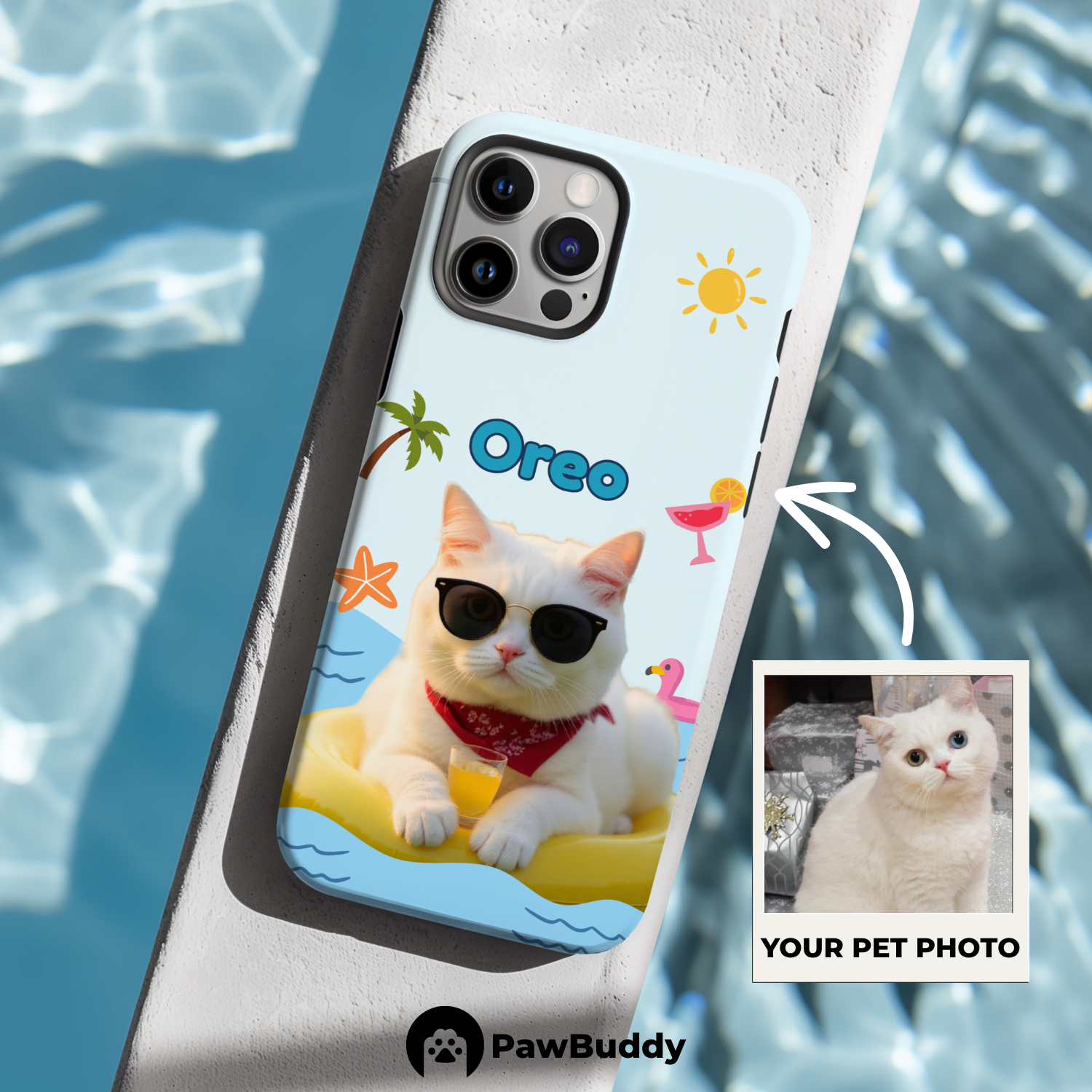 Custom Pet Phone Case for iPhone 11–17, Personalized Summer Pool Float Yellow Ring Design with Beach Icons, Dual-Layer Shockproof PC+TPU Protective Cover with Glossy Wraparound Printing, Unique Gift for Pet Lovers