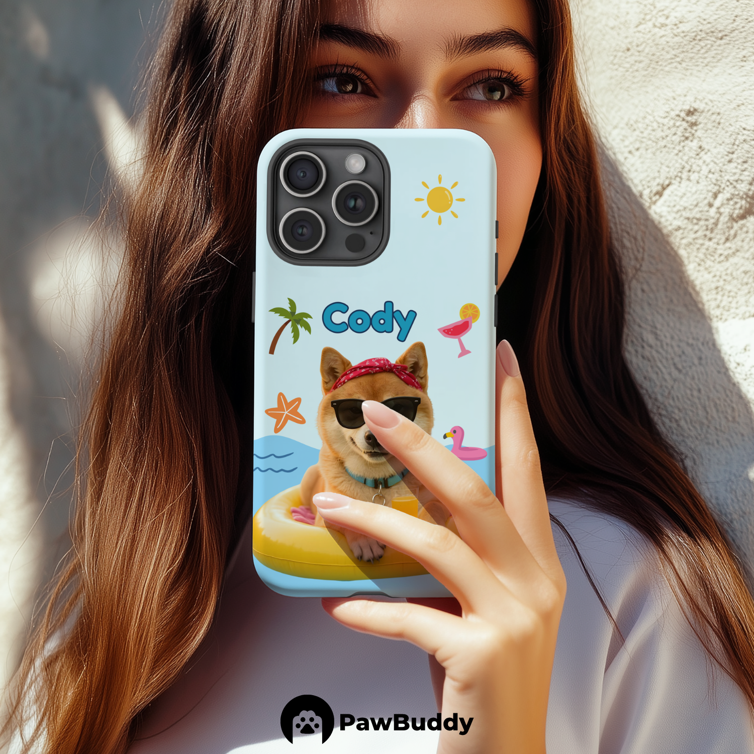 Custom Pet Phone Case for iPhone 11–17, Personalized Summer Pool Float Yellow Ring Design with Beach Icons, Dual-Layer Shockproof PC+TPU Protective Cover with Glossy Wraparound Printing, Unique Gift for Pet Lovers