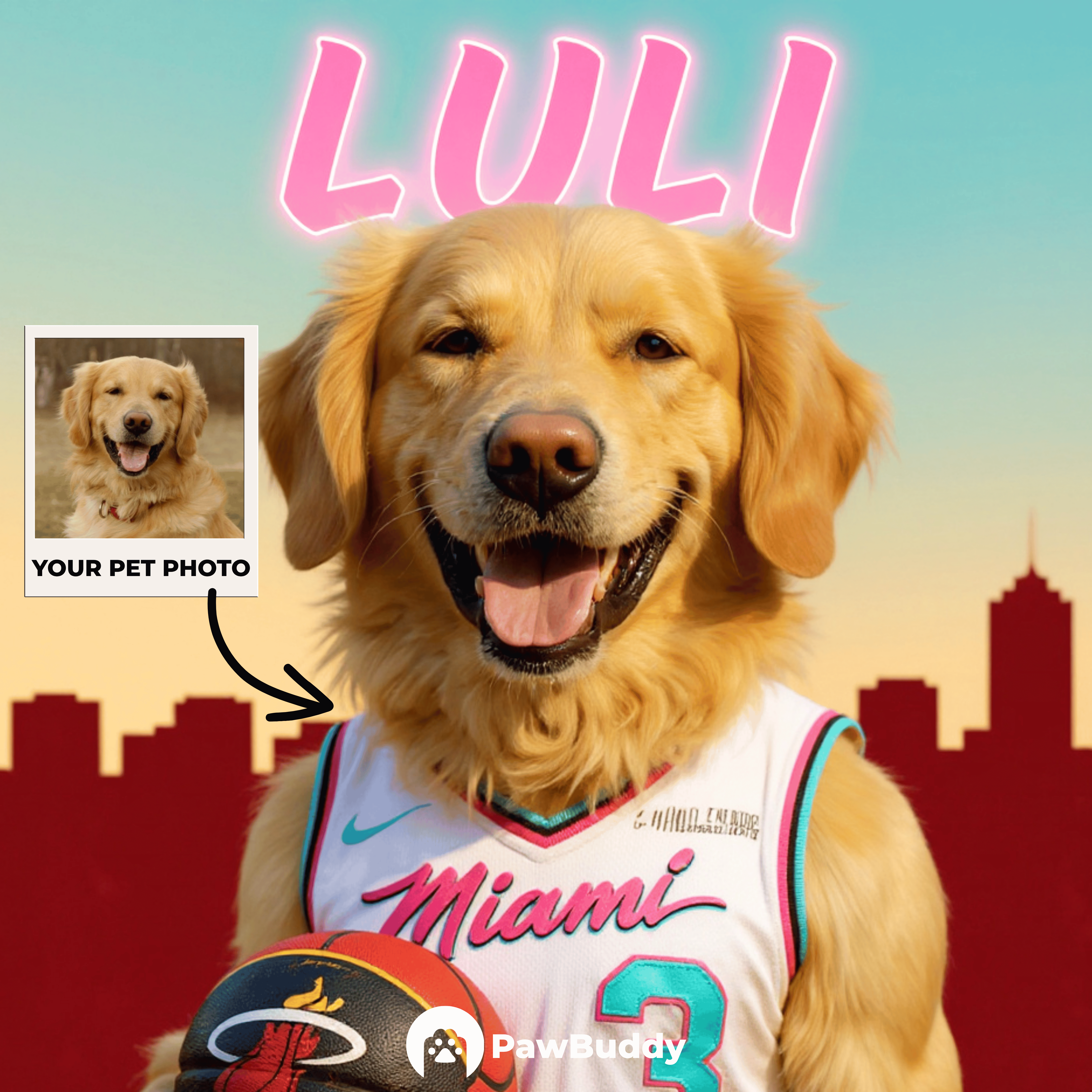 Custom Pet Portrait Midnight Precision Basketball Style Digital Artwork (Golden Champion Edition) -  Personalized High Resolution Artwork for Pet Lovers, Perfect for Online Sharing or as a Unique Sports Themed Keepsake