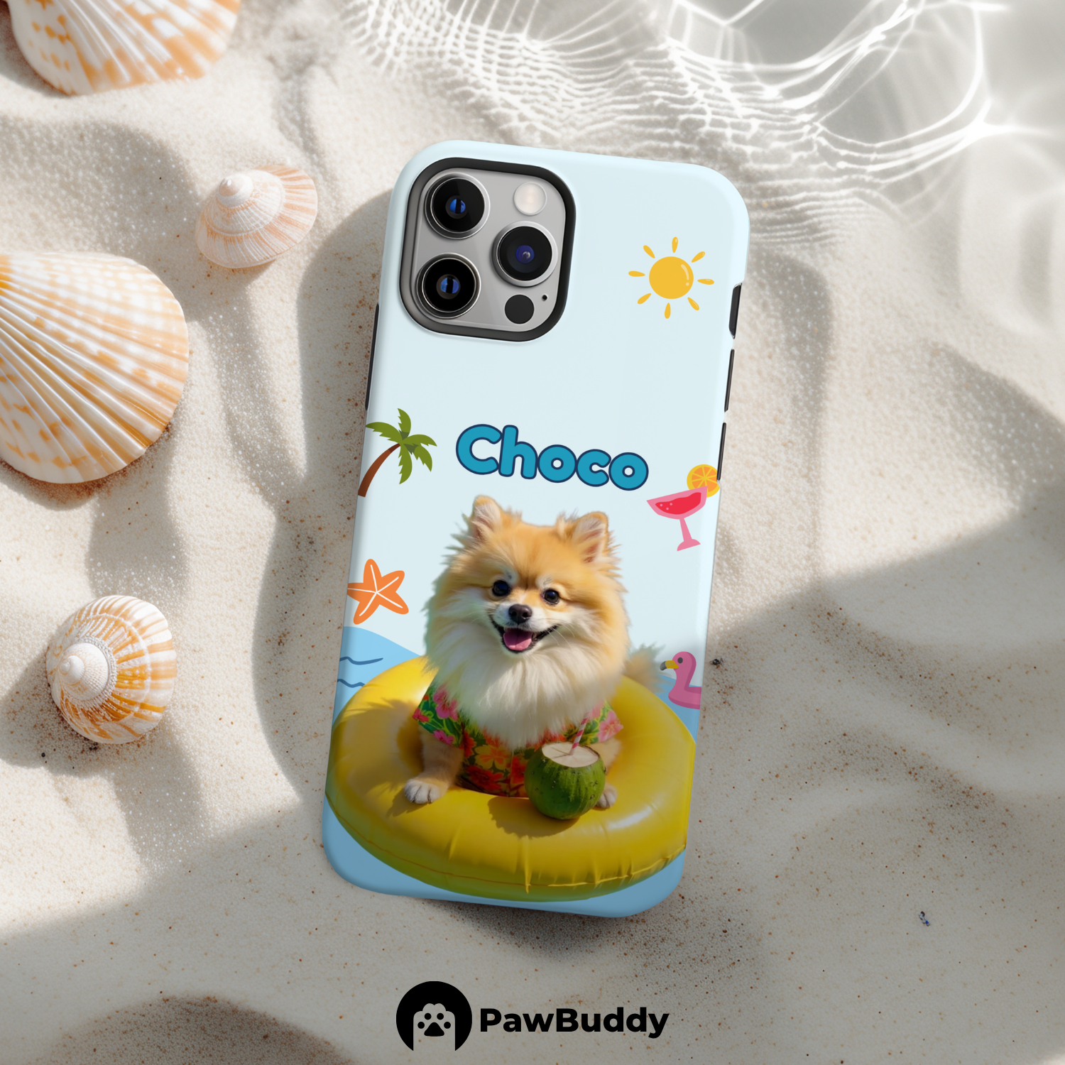 Custom Pet Phone Case for iPhone 11–17, Personalized Summer Pool Float Yellow Ring Design with Beach Icons, Dual-Layer Shockproof PC+TPU Protective Cover with Glossy Wraparound Printing, Unique Gift for Pet Lovers