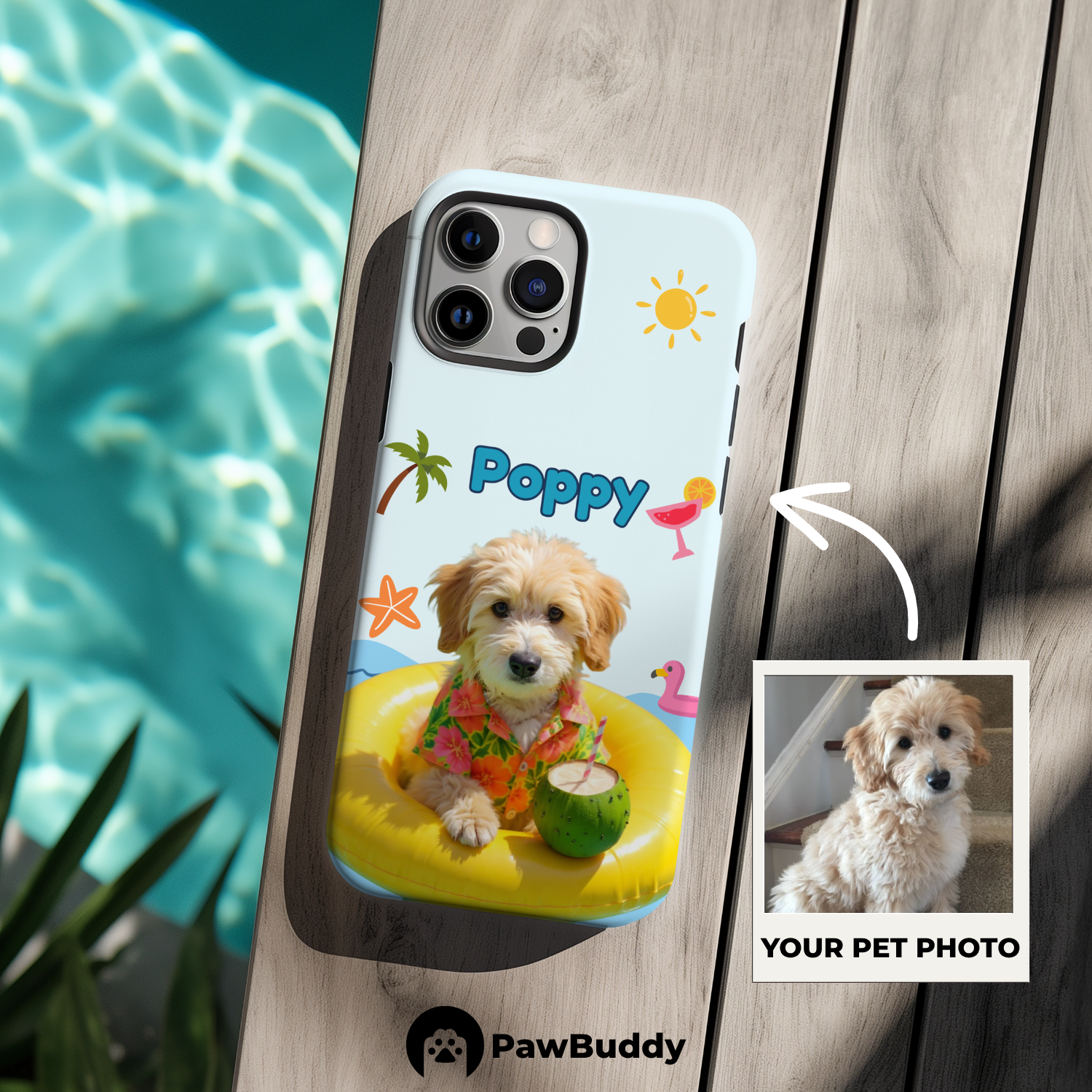 Custom Pet Phone Case for iPhone 11–17, Personalized Summer Pool Float Yellow Ring Design with Beach Icons, Dual-Layer Shockproof PC+TPU Protective Cover with Glossy Wraparound Printing, Unique Gift for Pet Lovers