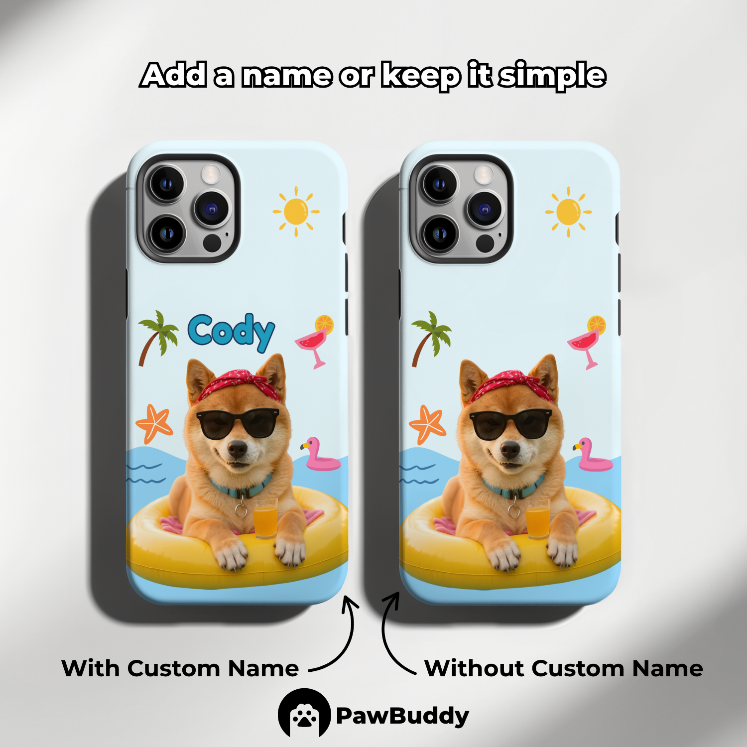 Custom Pet Phone Case for iPhone 11–17, Personalized Summer Pool Float Yellow Ring Design with Beach Icons, Dual-Layer Shockproof PC+TPU Protective Cover with Glossy Wraparound Printing, Unique Gift for Pet Lovers