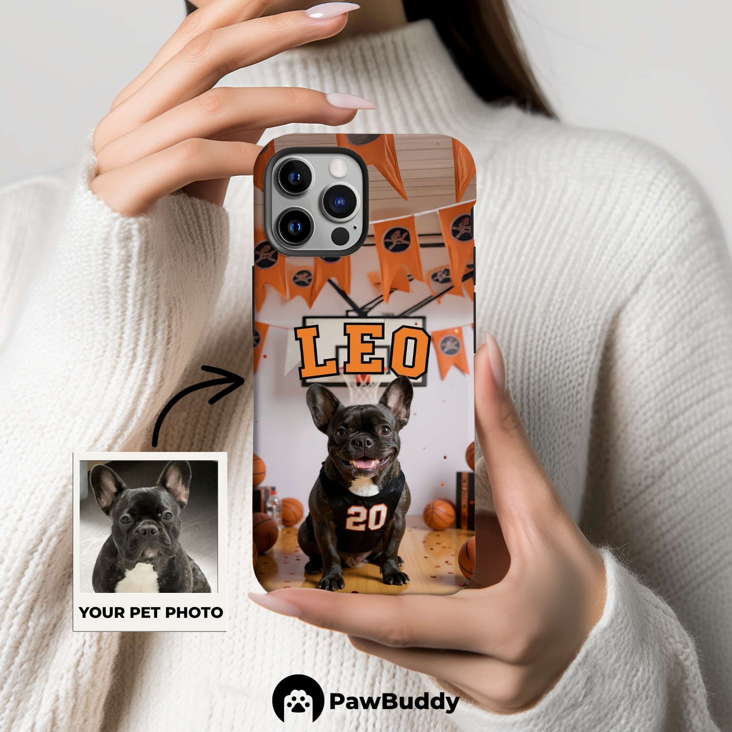 Custom Pet Phone Case for iPhone 11–17, Personalized Basketball Black Jersey Studio Design with Orange Banner Decor, Dual-Layer Shockproof PC+TPU Protective Cover with Glossy Wraparound Printing, Unique Gift for Pet Lovers