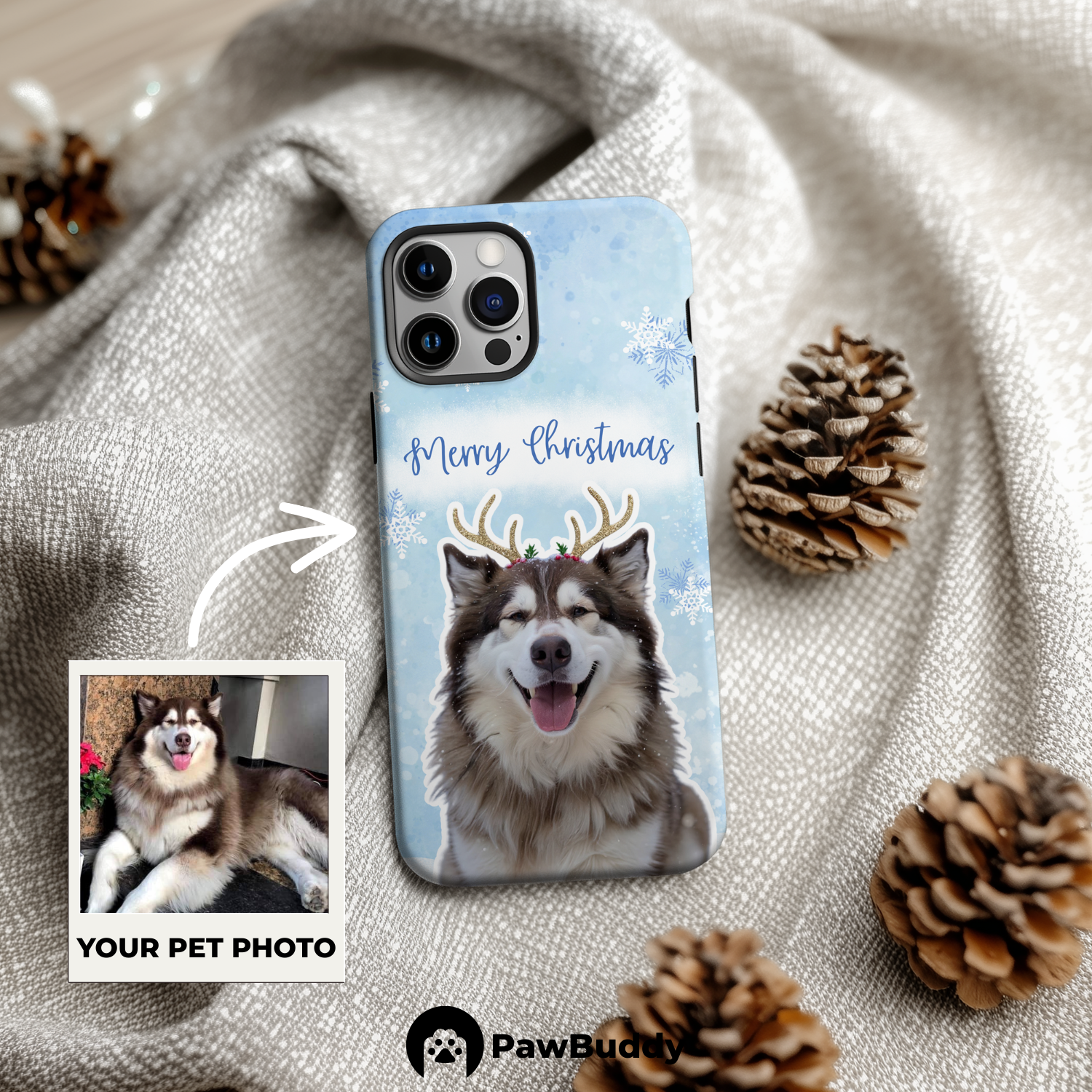 Custom Pet Phone Case for iPhone 11–17, Personalized Snowy Reindeer Christmas Style Design with Antlers and Blue Snowflake Background, Dual-Layer Shockproof PC+TPU Protective Cover with Glossy Wraparound Printing, Unique Gift for Pet Lovers