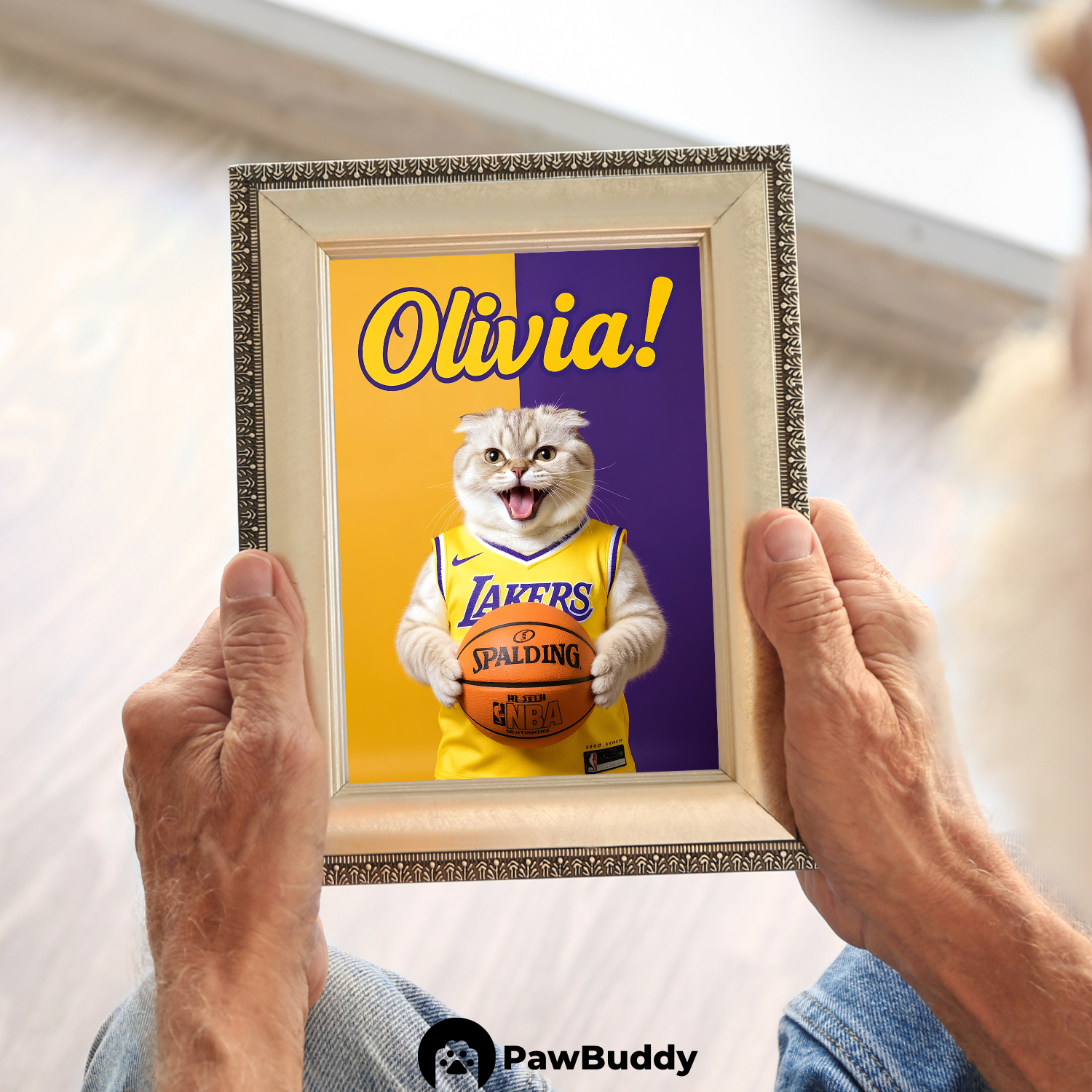 Custom Pet Poster Purple & Gold Basketball Portrait – Personalized High-Resolution Matte Print for Wall Art, Home Decor, or Unique Gifts for Pet Lovers (Frame Not Included)