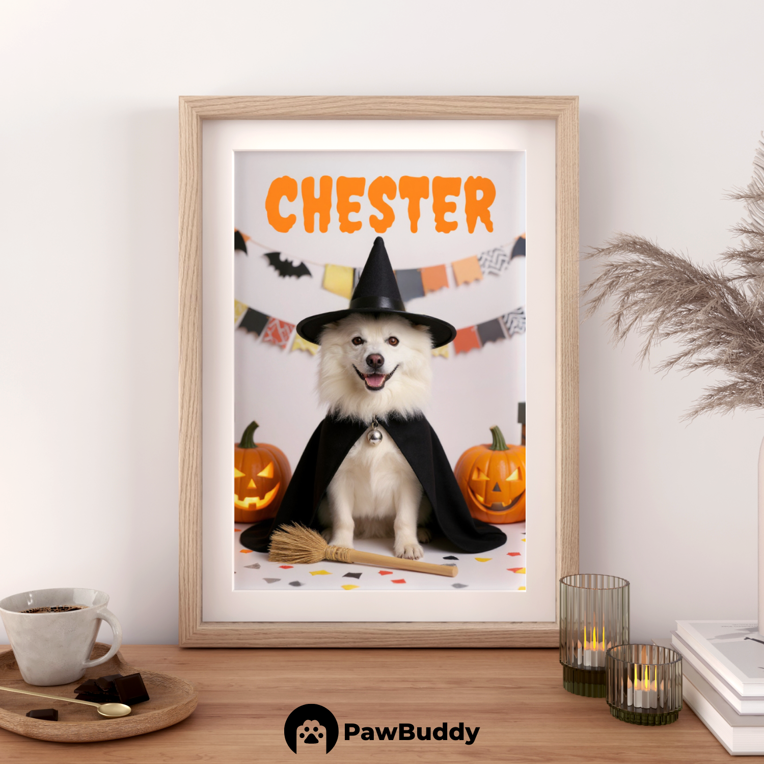Custom Pet Poster Magical Witch Halloween Portrait – Personalized High-Resolution Matte Print for Wall Art, Home Decor, or Unique Gifts for Pet Lovers (Frame Not Included)