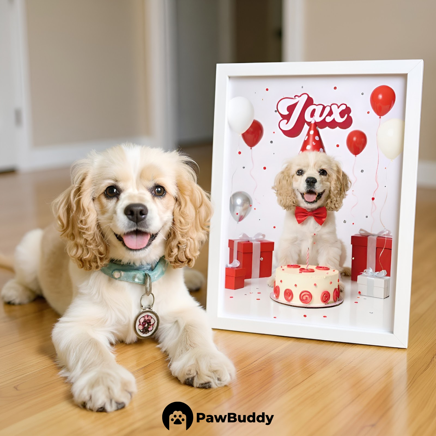 Custom Pet Poster Birthday Celebration Portrait with Red Background – Personalized High-Resolution Matte Print for Wall Art, Home Decor, or Unique Gifts for Pet Lovers (Frame Not Included)