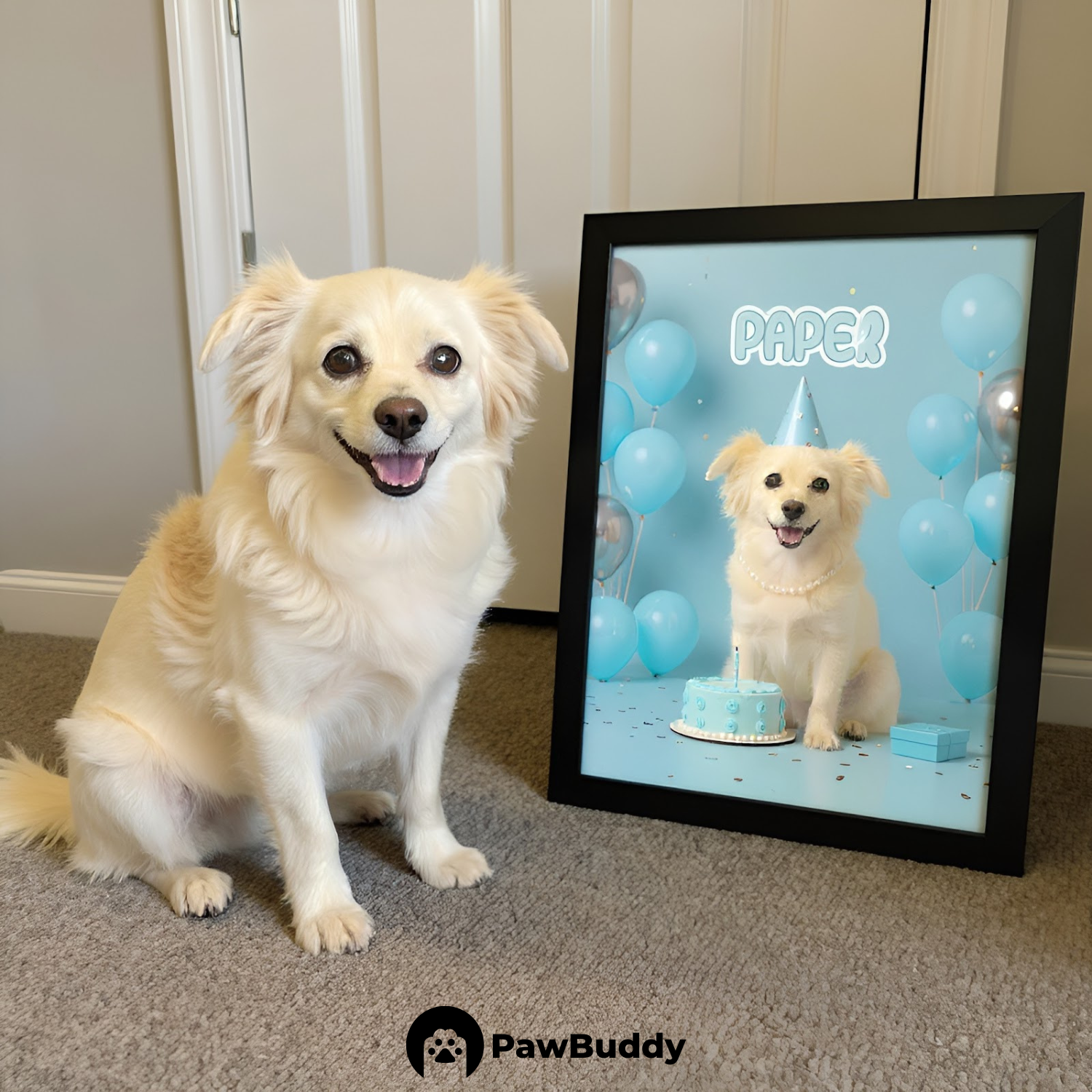 Custom Pet Poster Birthday Celebration Portrait with Blue Background – Personalized High-Resolution Matte Print for Wall Art, Home Decor, or Unique Gifts for Pet Lovers (Frame Not Included)