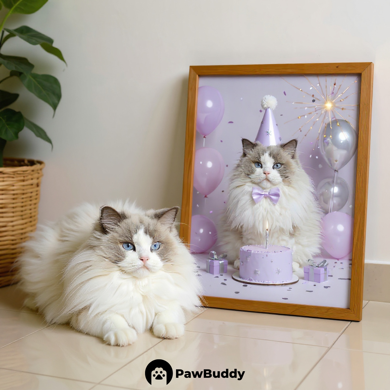 Custom Pet Poster Birthday Celebration Portrait with Purple Background – Personalized High-Resolution Matte Print for Wall Art, Home Decor, or Unique Gifts for Pet Lovers (Frame Not Included)