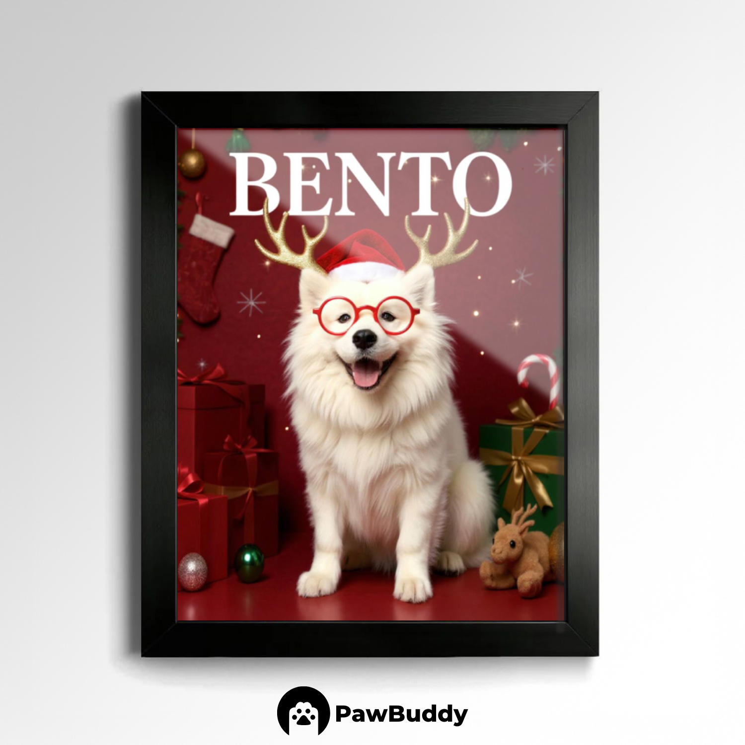 Custom Pet Poster Merry Reindeer Christmas Portrait – Personalized High-Resolution Matte Print for Wall Art, Home Decor, or Unique Holiday Gifts for Pet Lovers (Frame Not Included)
