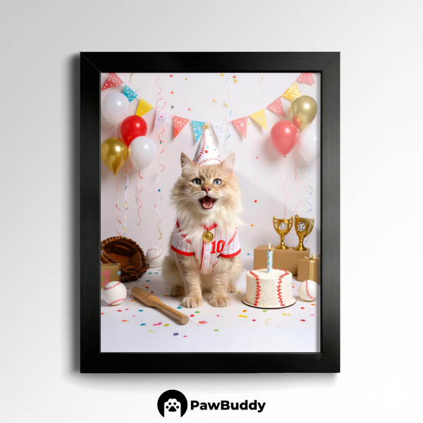 Custom Pet Poster Birthday Baseball Celebration Portrait – Personalized High-Resolution Matte Print for Wall Art, Home Decor, or Unique Gifts for Pet Lovers