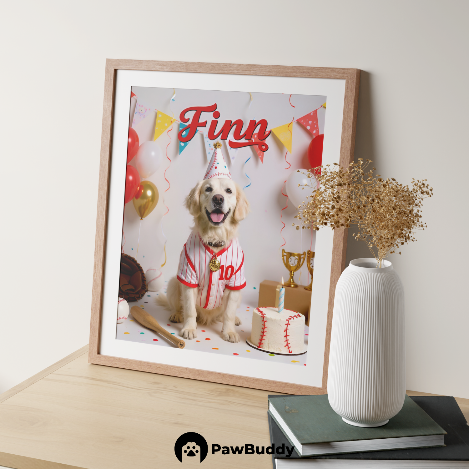 Custom Pet Poster Birthday Baseball Celebration Portrait – Personalized High-Resolution Matte Print for Wall Art, Home Decor, or Unique Gifts for Pet Lovers (Frame Not Included)