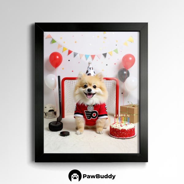Custom Pet Poster Birthday Hockey Celebration Portrait – Personalized High-Resolution Matte Print for Wall Art, Home Decor, or Unique Gifts for Pet Lovers