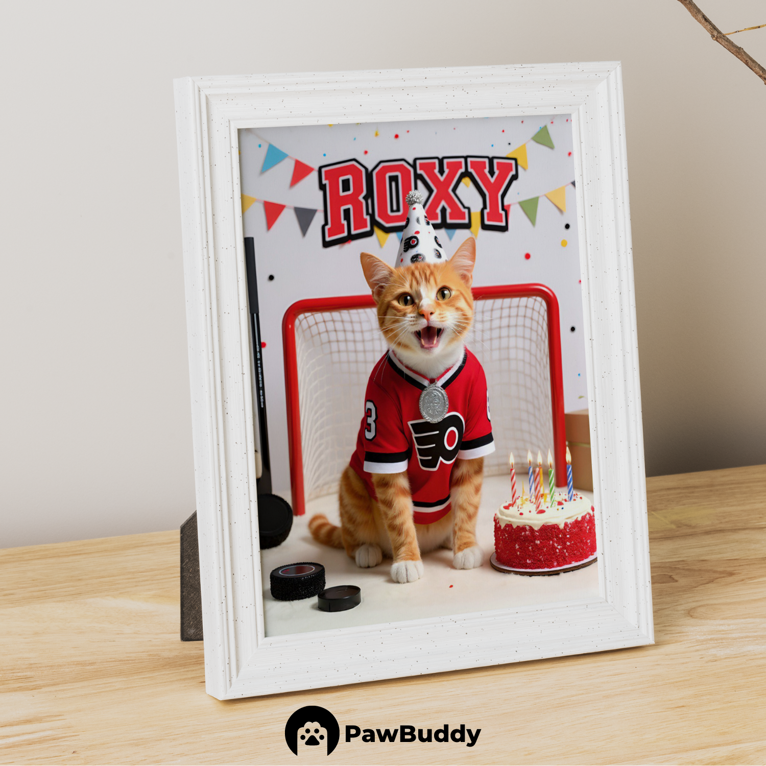 Custom Pet Poster Birthday Hockey Celebration Portrait – Personalized High-Resolution Matte Print for Wall Art, Home Decor, or Unique Gifts for Pet Lovers (Frame Not Included)