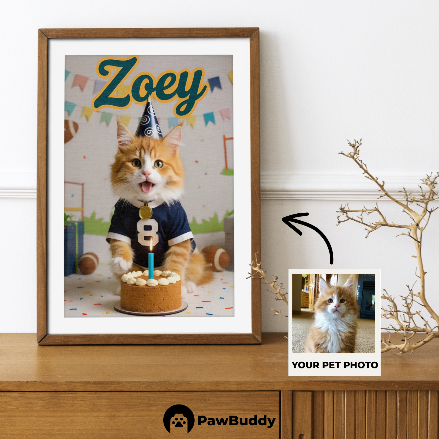 Custom Pet Poster Birthday Rugby Celebration Portrait – Personalized High-Resolution Matte Print for Wall Art, Home Decor, or Unique Gifts for Pet Lovers (Frame Not Included)