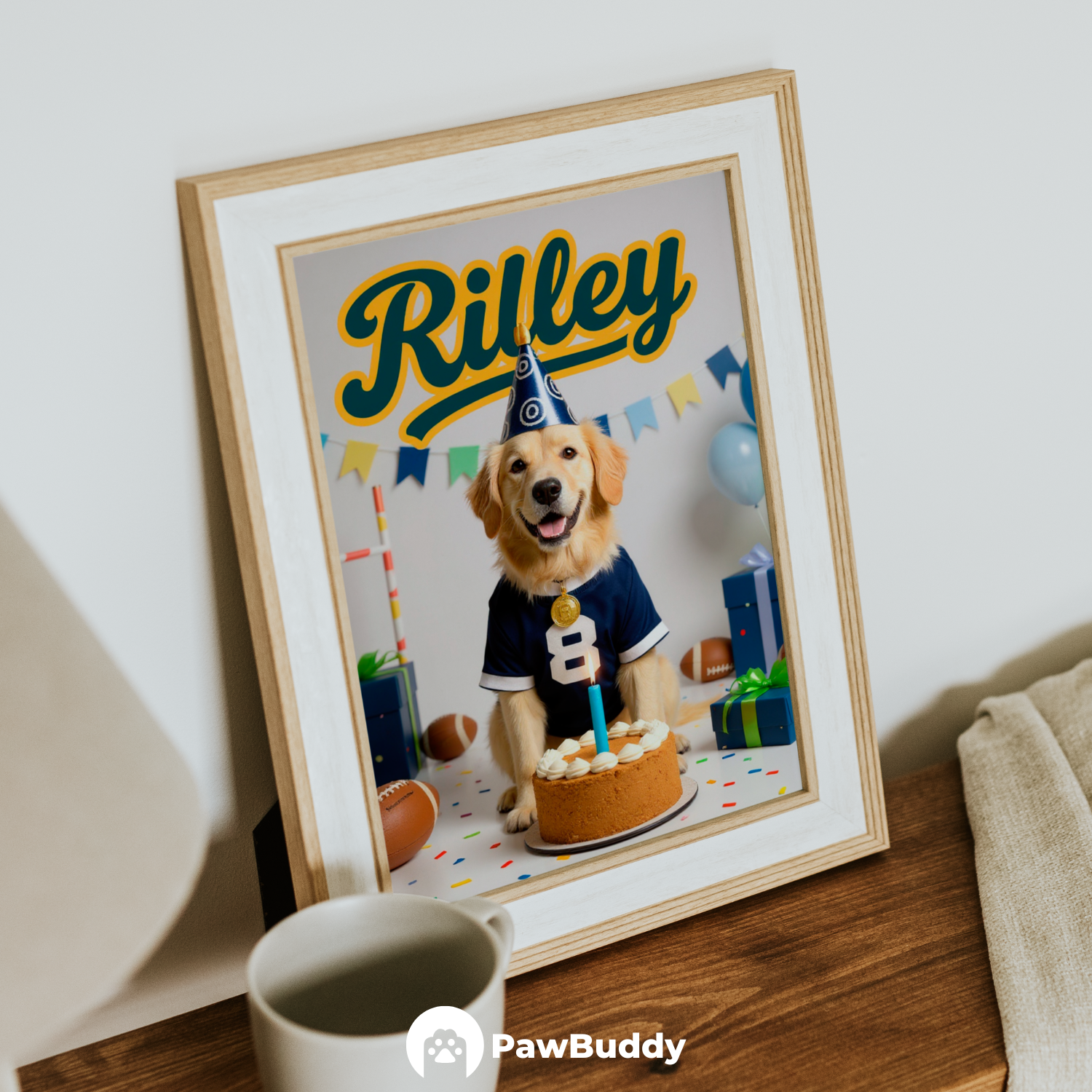 Custom Pet Poster Birthday Rugby Celebration Portrait – Personalized High-Resolution Matte Print for Wall Art, Home Decor, or Unique Gifts for Pet Lovers (Frame Not Included)