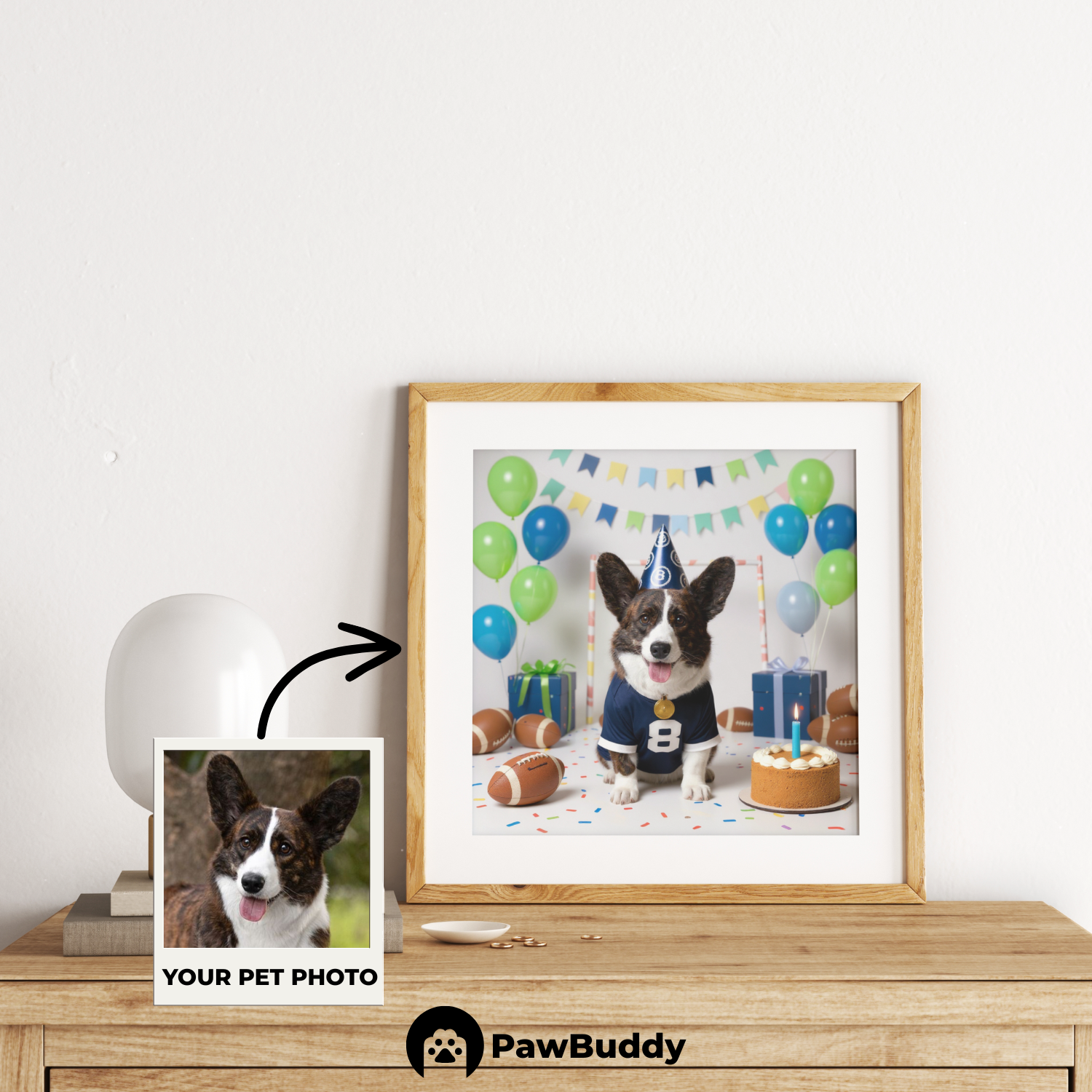 Custom Pet Poster Birthday Rugby Celebration Portrait – Personalized High-Resolution Matte Print for Wall Art, Home Decor, or Unique Gifts for Pet Lovers (Frame Not Included)