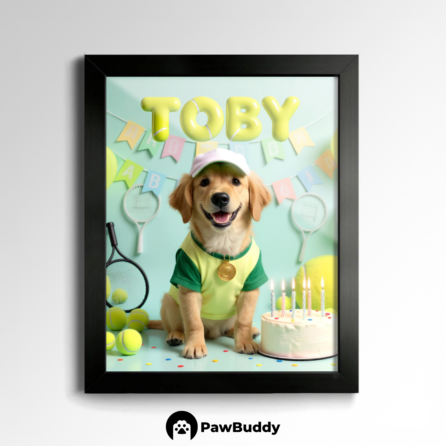 Custom Pet Poster Birthday Tennis Celebration Portrait – Personalized High-Resolution Matte Print for Wall Art, Home Decor, or Unique Gifts for Pet Lovers (Frame Not Included)