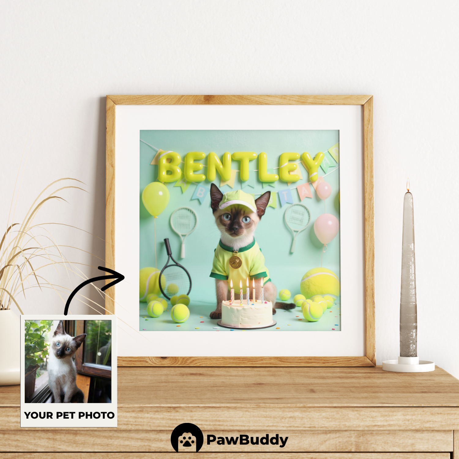 Custom Pet Poster Birthday Tennis Celebration Portrait – Personalized High-Resolution Matte Print for Wall Art, Home Decor, or Unique Gifts for Pet Lovers (Frame Not Included)