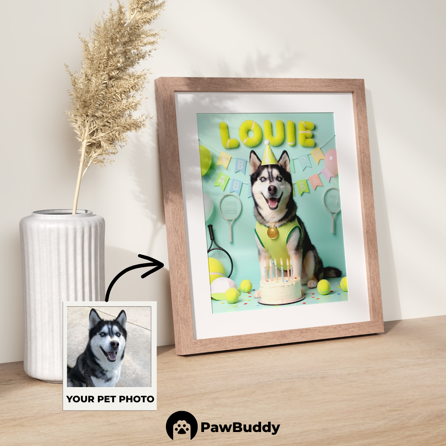 Custom Pet Poster Birthday Tennis Celebration Portrait – Personalized High-Resolution Matte Print for Wall Art, Home Decor, or Unique Gifts for Pet Lovers (Frame Not Included)