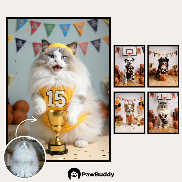 Custom Digital Art Basketball Champion Pet Portrait – Personalized High-Resolution 3:4 Ratio File for Printing, Online Sharing, or Unique Digital Keepsakes