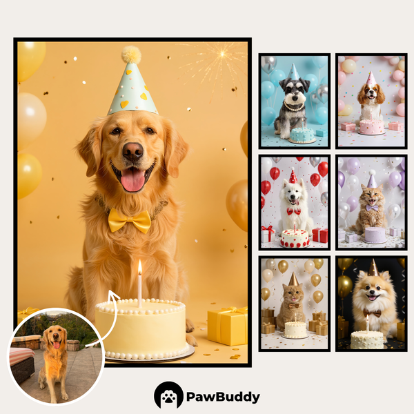 Custom Digital Art Birthday Celebration Pet Portrait – Personalized High-Resolution 3:4 Ratio File for Printing, Online Sharing, or Unique Digital Keepsakes