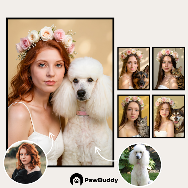 Custom Digital Art Romantic Floral Portrait with Pet – Personalized High-Resolution 3:4 Ratio File for Printing, Online Sharing, or Unique Digital Keepsakes