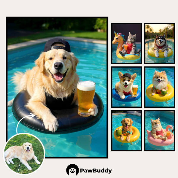 Custom Digital Art Summer Pool Float Pet Portrait – Personalized High-Resolution 3:4 Ratio File for Printing, Online Sharing, or Unique Digital Keepsakes