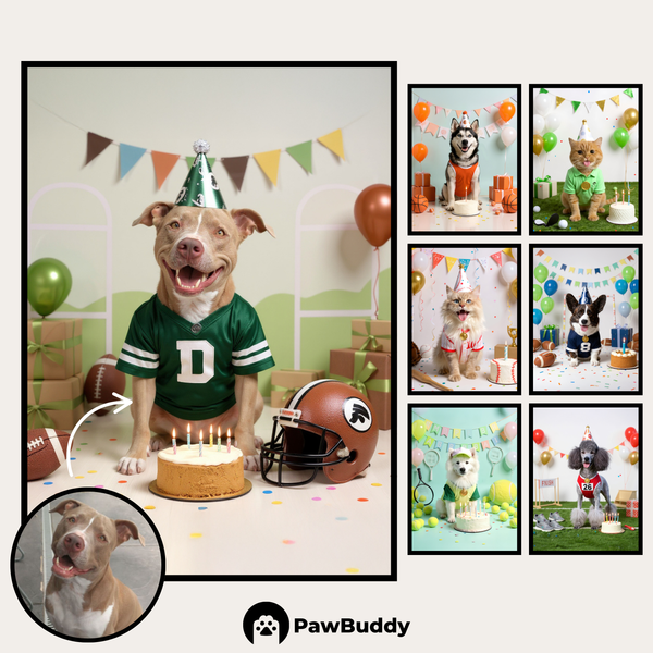 Custom Digital Art Sporty Pet Birthday Portrait – Personalized High-Resolution 3:4 Ratio File for Printing, Online Sharing, or Unique Digital Keepsakes