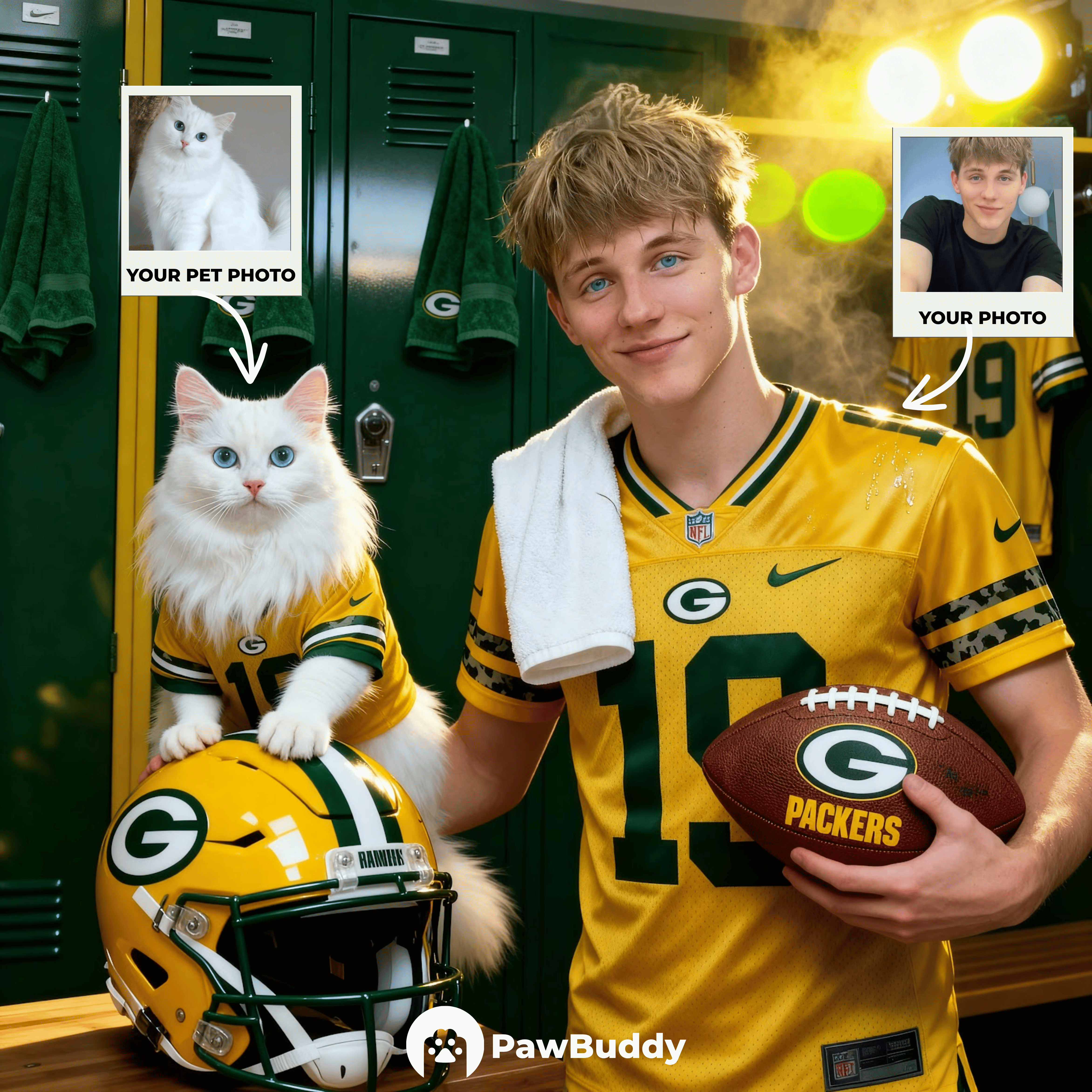 Custom Human & Pet Portrait Emerald Drive Football Digital Artwork - Personalized High Resolution Artwork for Pet Lovers, Perfect for Online Sharing or as a Unique Sports Keepsake
