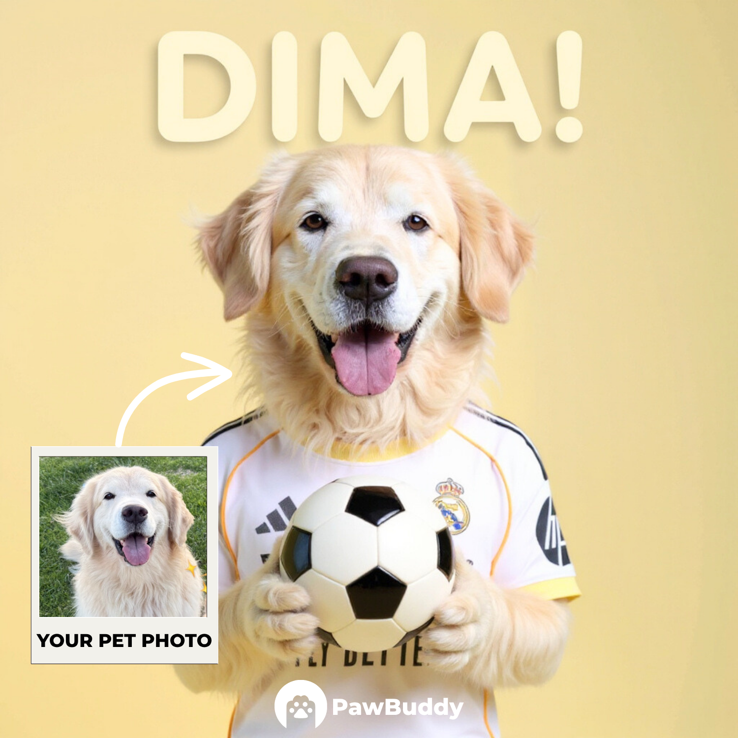 Custom Pet Portrait Golden Royal Legacy Soccer Style Digital Artwork – Personalized High-Resolution Artwork for Pet Lovers, Perfect for Online Sharing or as a Timeless Sports-Inspired Keepsake