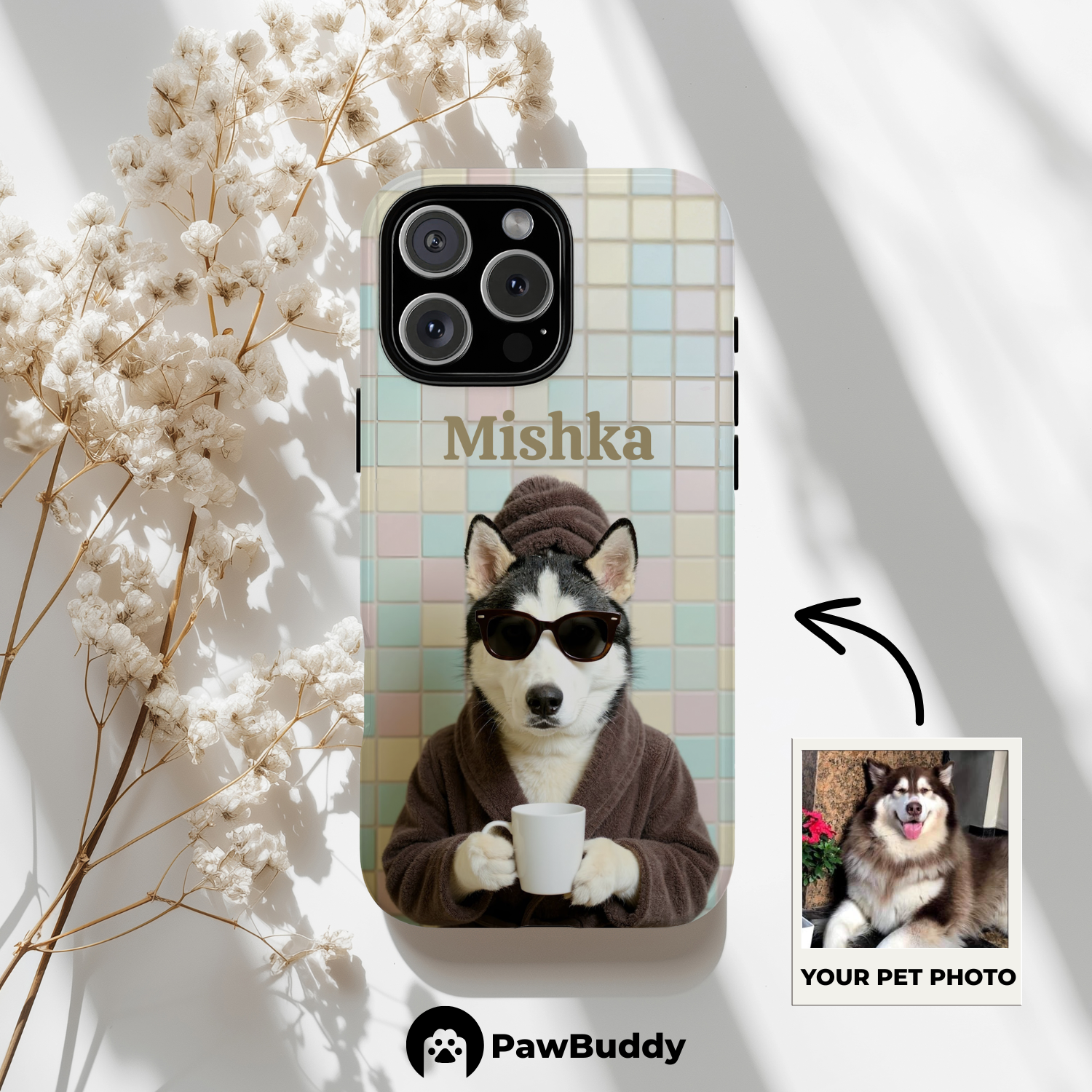 Custom Pet Phone Case for iPhone 11–17, Personalized Mocha Spa Day Serenity Design, Dual-Layer Shockproof PC+TPU Protective Cover with Glossy Wraparound Printing, Unique Gift for Pet Lovers