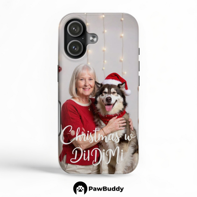 Custom Human & Pet Phone Case for iPhone 11–17, Personalized Cozy Christmas Lights Red Sweater Design, Dual-Layer Shockproof PC+TPU Protective Cover with Glossy Wraparound Printing, Unique Holiday Gift for Pet Lovers