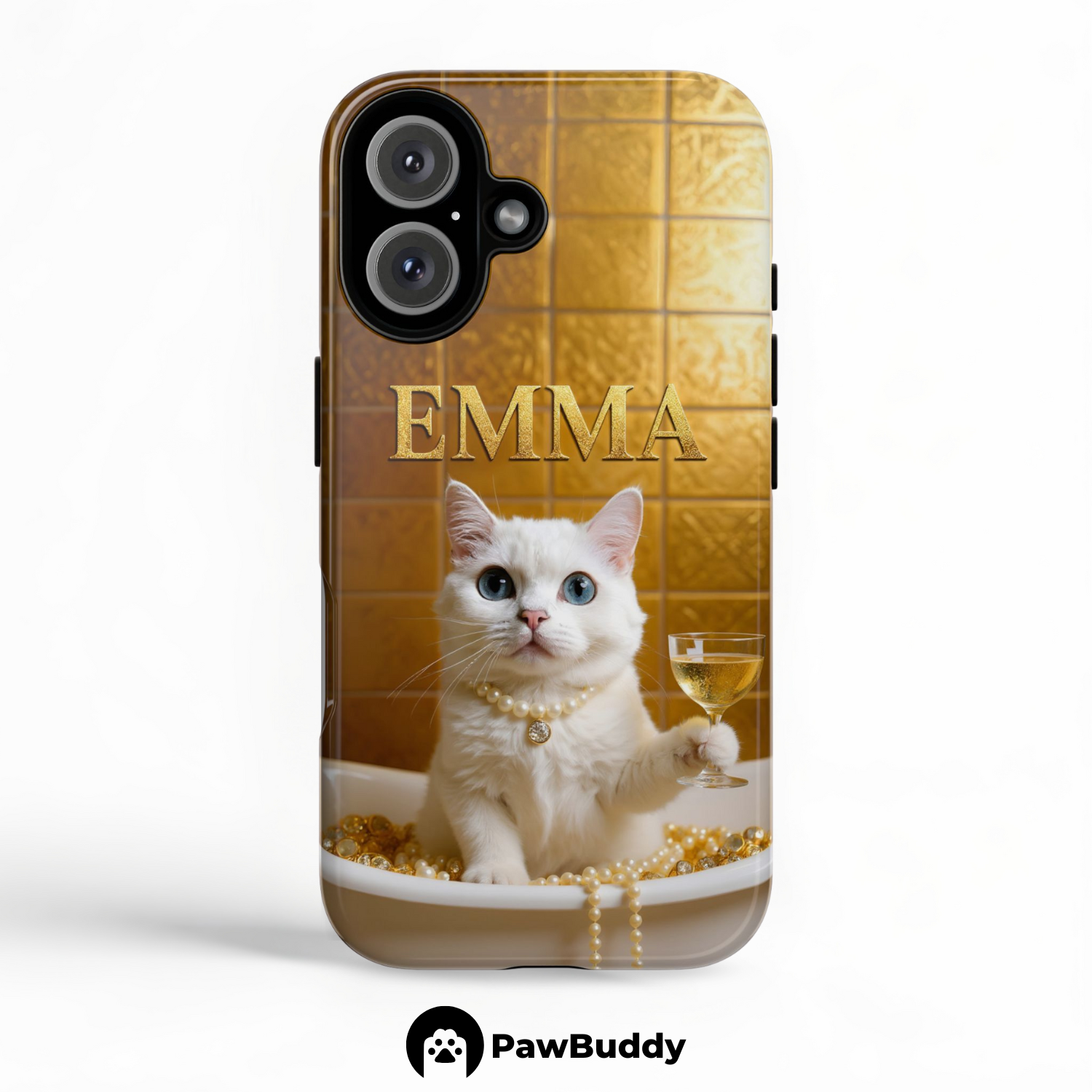 Custom Pet Phone Case for iPhone 11–17, Personalized Golden Luxury Bathtub Pet Design, Dual-Layer Shockproof PC+TPU Protective Cover with Glossy Wraparound Printing, Unique Gift for Pet Lovers
