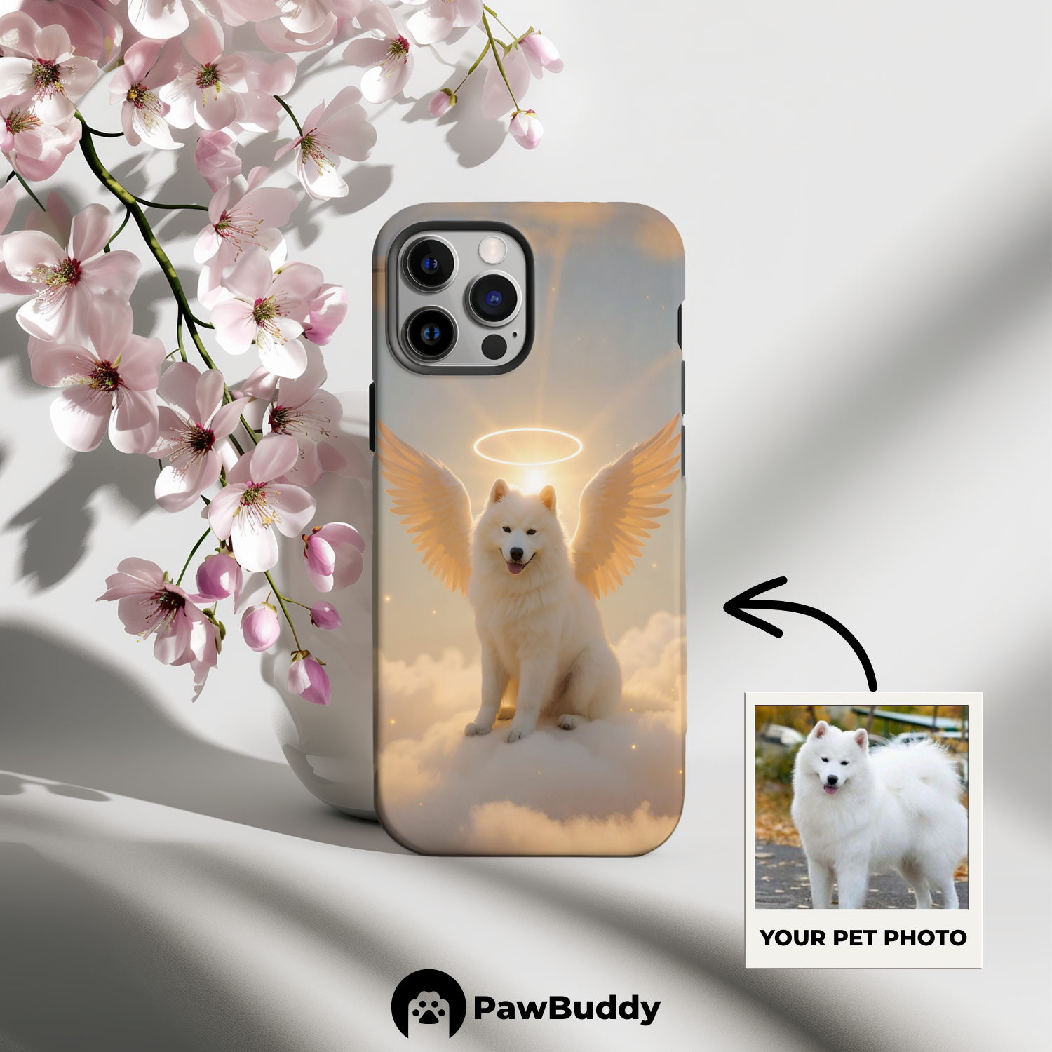 Custom Pet Phone Case for iPhone 11–17, Personalized Angelic Sitting Pose Heaven Pet Portrait Design, Dual-Layer Shockproof PC+TPU Protective Cover with Glossy Wraparound Printing, Unique Gift for Pet Lovers