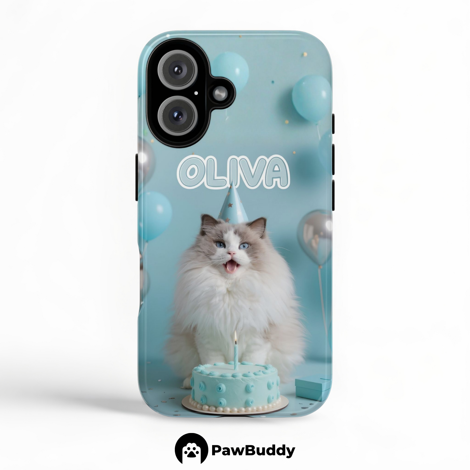 Custom Pet Phone Case for iPhone 11–17, Personalized Sky Blue Birthday Celebration Design, Dual-Layer Shockproof PC+TPU Protective Cover with Glossy Wraparound Printing, Unique Gift for Pet Lovers