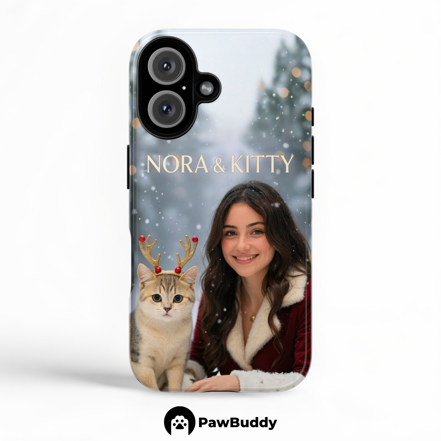 Custom Human & Pet Phone Case for iPhone 11–17, Personalized Snowy Christmas Wonderland Pet Portrait Design, Dual-Layer Shockproof PC+TPU Protective Cover with Glossy Wraparound Printing, Unique Holiday Gift for Pet Lovers