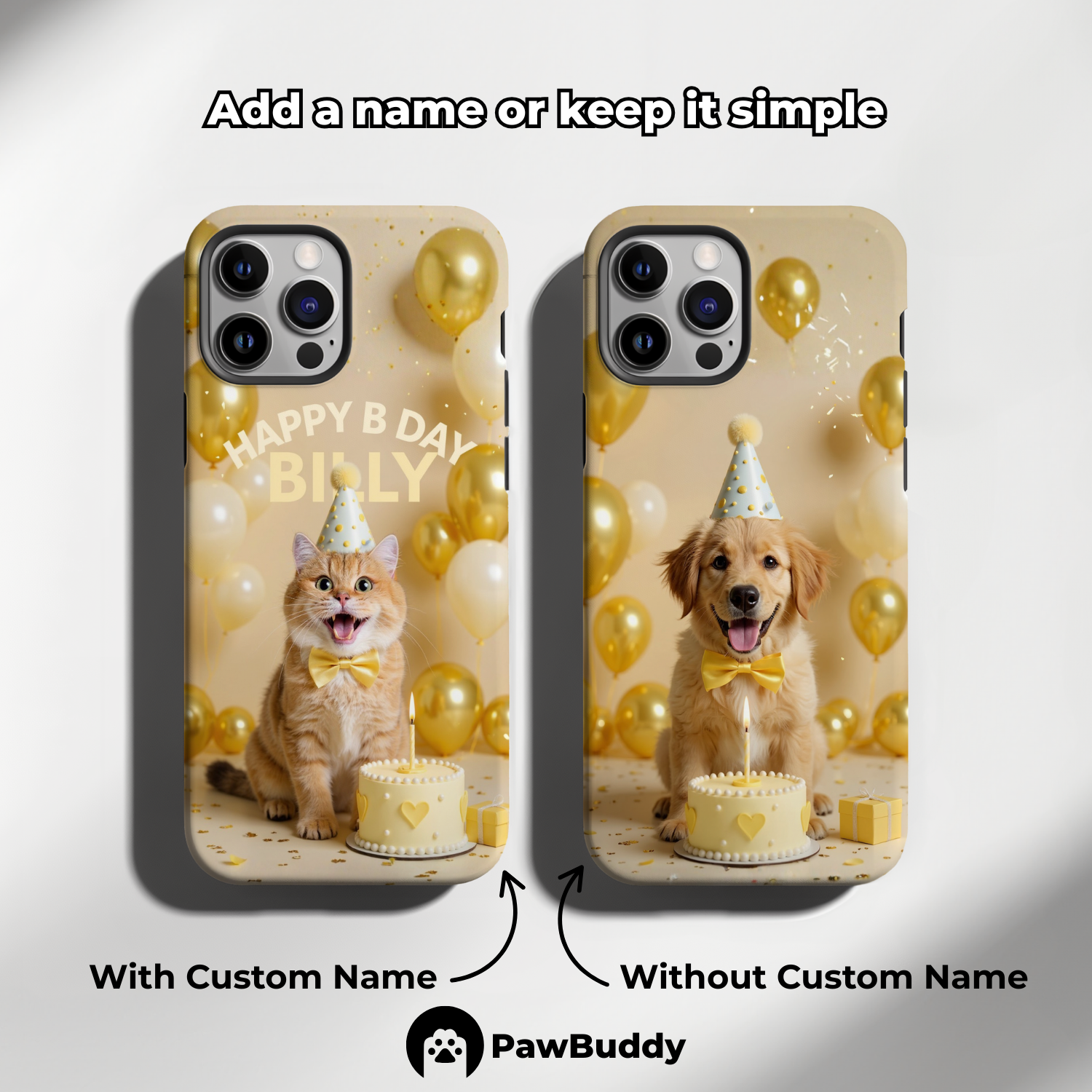 Custom Pet Phone Case for iPhone 11–17, Personalized Yellow Birthday Celebration Design, Dual-Layer Shockproof PC+TPU Protective Cover with Glossy Wraparound Printing, Unique Gift for Pet Lovers