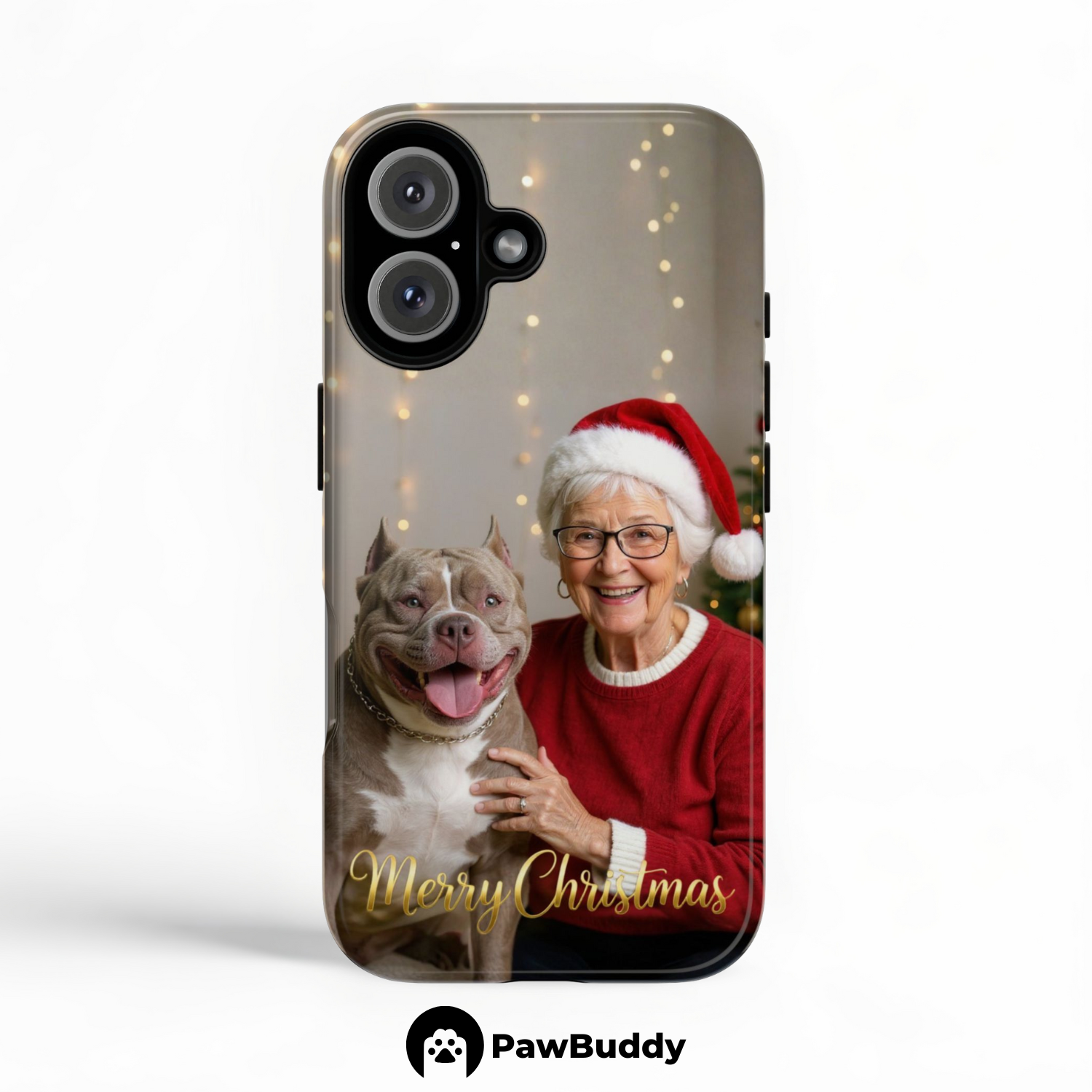 Custom Human & Pet Phone Case for iPhone 11–17, Personalized Merry Christmas Golden Glow Design, Dual-Layer Shockproof PC+TPU Protective Cover with Glossy Wraparound Printing, Unique Holiday Gift for Pet Lovers