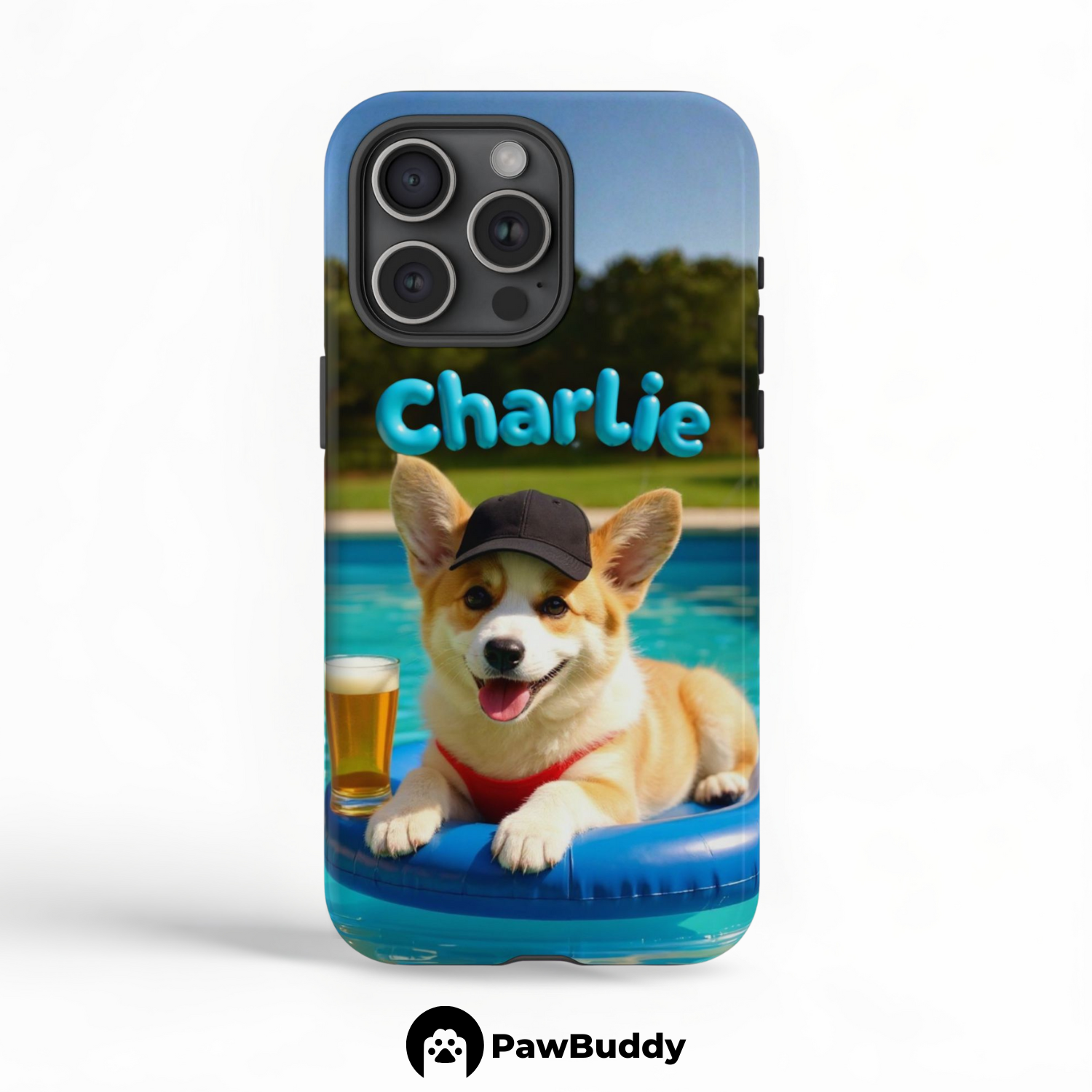 Custom Pet Phone Case for iPhone 11–17, Personalized Sky Blue Summer Pool Float Design, Dual-Layer Shockproof PC+TPU Protective Cover with Glossy Wraparound Printing, Unique Gift for Pet Lovers