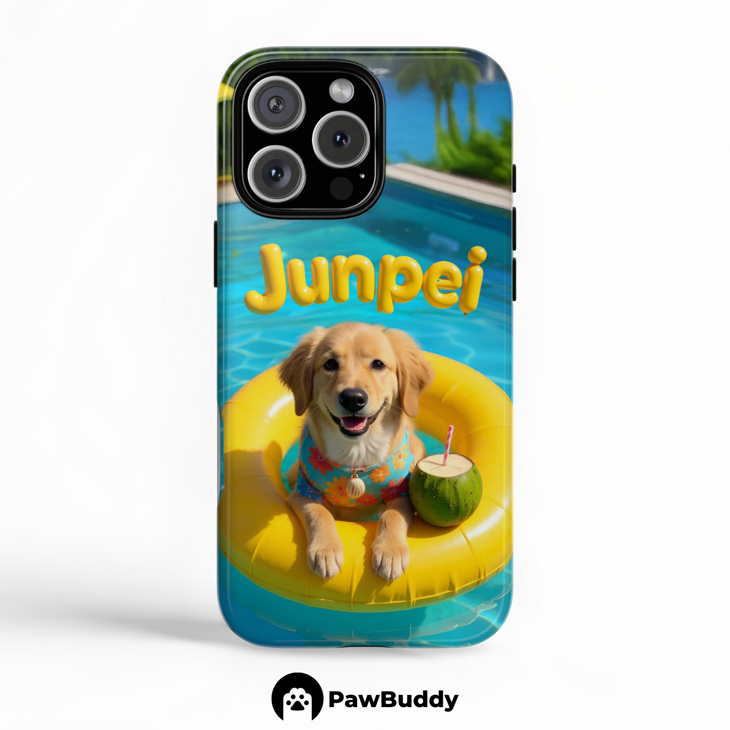 Custom Pet Phone Case for iPhone 11–17, Personalized Tropical Yellow Summer Pool Float Design, Dual-Layer Shockproof PC+TPU Protective Cover with Glossy Wraparound Printing, Unique Gift for Pet Lovers
