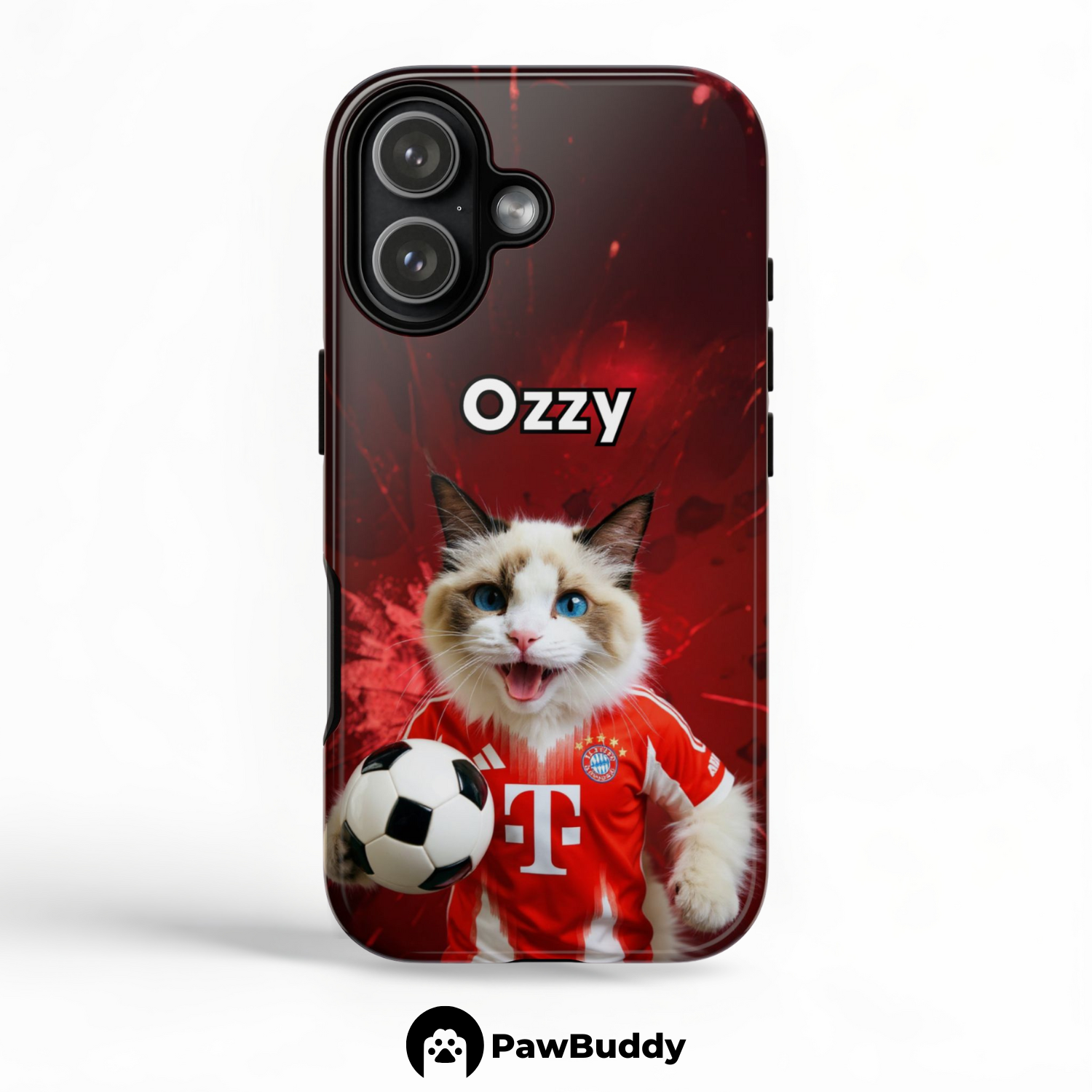 Custom Pet Phone Case for iPhone 11–17, Personalized Soccer Red Fireworks Stadium Design with Jersey and Ball, Dual-Layer Shockproof PC+TPU Protective Cover with Glossy Wraparound Printing, Unique Gift for Pet Lovers