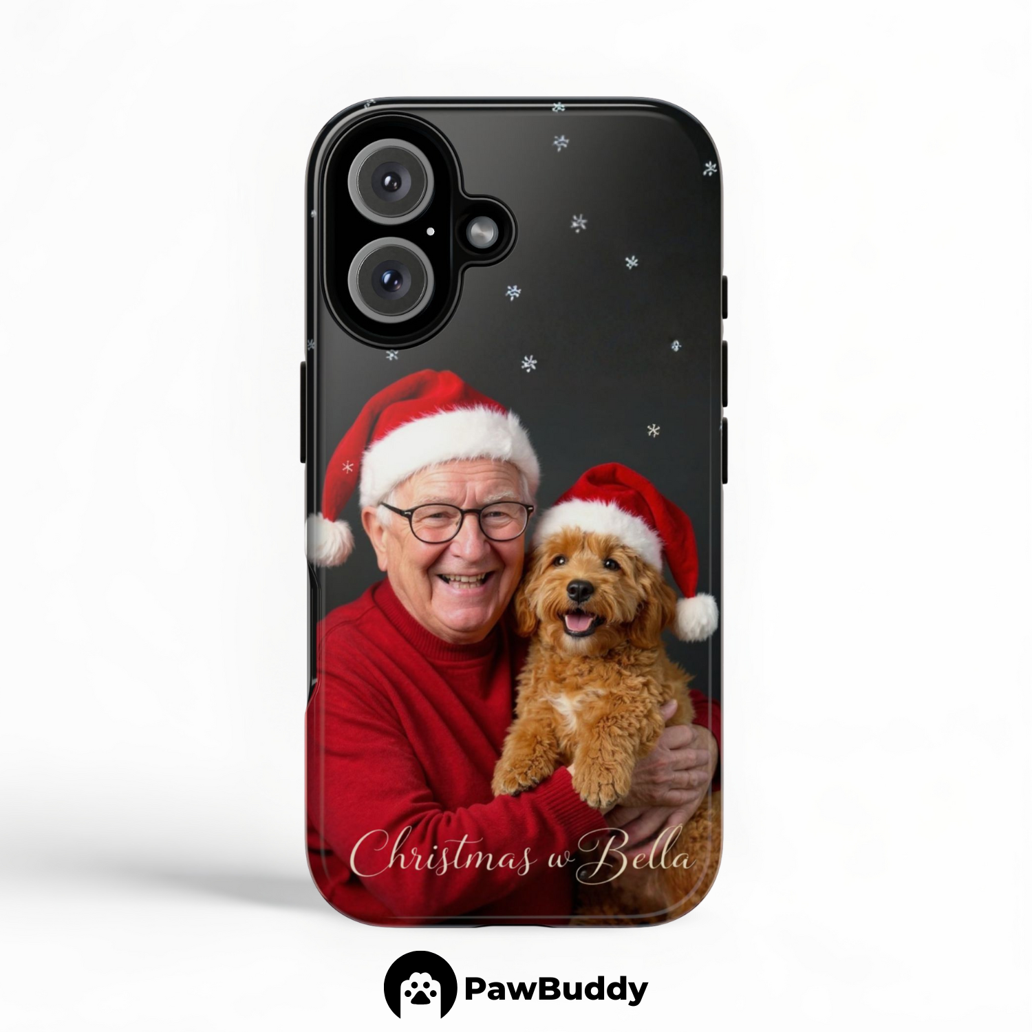 Custom Human & Pet Phone Case for iPhone 11–17, Personalized Christmas Festive Red Design, Dual-Layer Shockproof PC+TPU Protective Cover with Glossy Wraparound Printing, Unique Holiday Gift for Pet Lovers