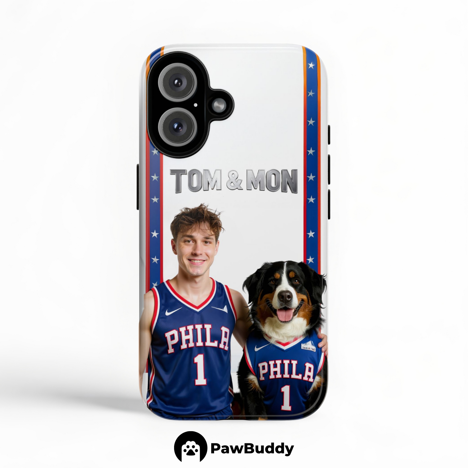 Custom Human & Pet Phone Case for iPhone 11–17, Personalized Philadelphia Star Basketball White Border Design, Dual-Layer Shockproof PC+TPU Protective Cover with Glossy Wraparound Printing, Unique Gift for Pet Lovers