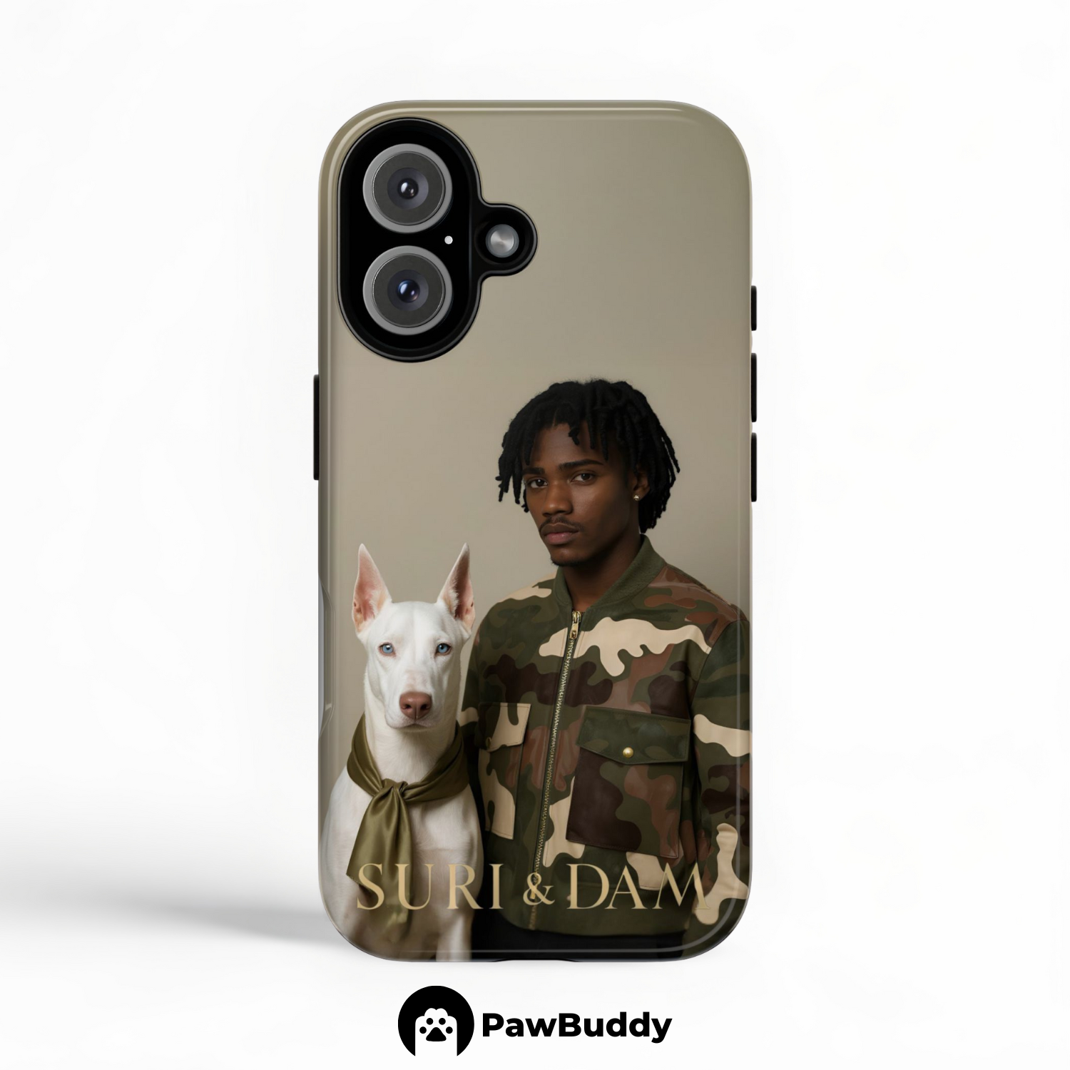 Custom Human & Pet Phone Case for iPhone 11–17, Personalized Camouflage Duo Portrait Design, Dual-Layer Shockproof PC+TPU Protective Cover with Glossy Wraparound Printing, Unique Gift for Pet Lovers