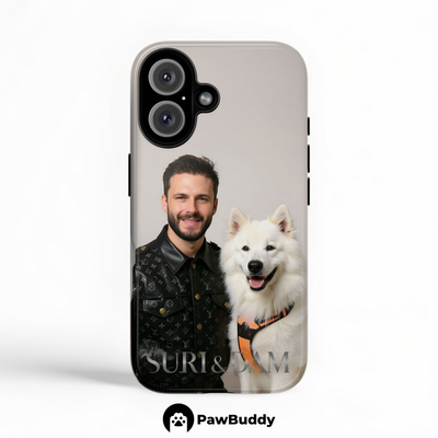 Custom Human & Pet Phone Case for iPhone 11–17, Personalized Luxury Leather Style Portrait Design, Dual-Layer Shockproof PC+TPU Protective Cover with Glossy Wraparound Printing, Unique Gift for Pet Lovers