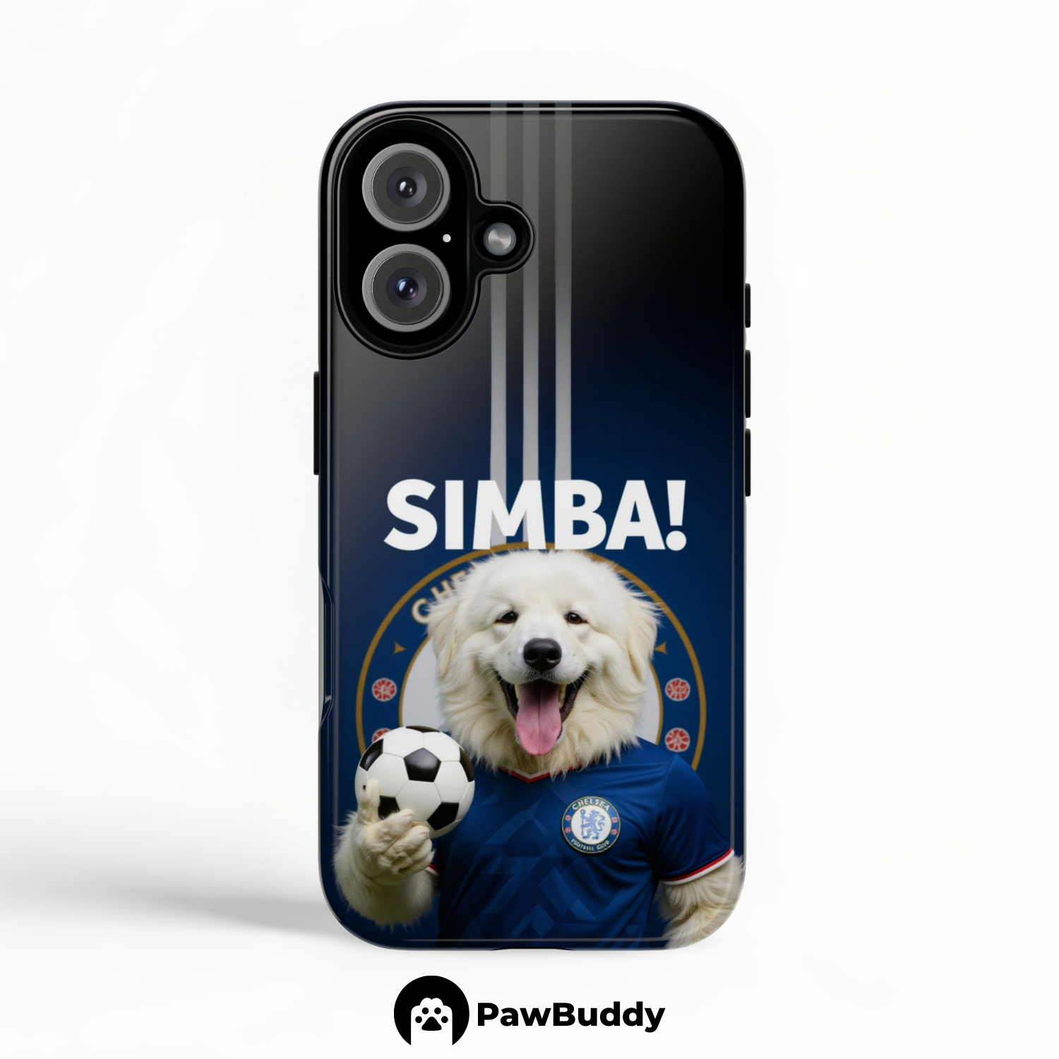 Custom Pet Phone Case for iPhone 11–17, Personalized Blue Champion Soccer Portrait Design, Dual-Layer Shockproof PC+TPU Protective Cover with Glossy Wraparound Printing, Unique Gift for Pet Lovers